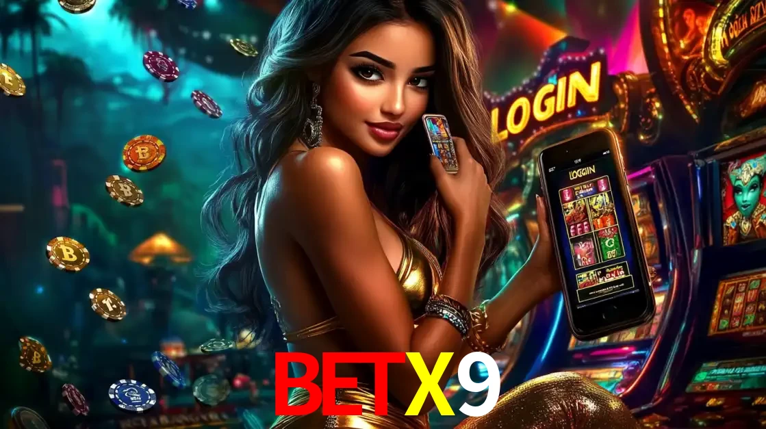 Mulher em um cenário de cassino temático de aventura, mostrando o app de caça-níqueis da BETX9 no celular. Fichas de apostas flutuam ao redor.