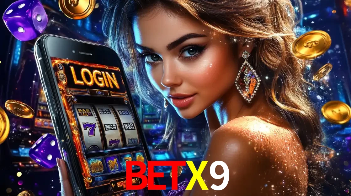 Mulher glamorosa segurando um smartphone com a tela de login para os jogos de caça-níqueis do cassino online BETX9, com moedas de ouro e dados ao redor.