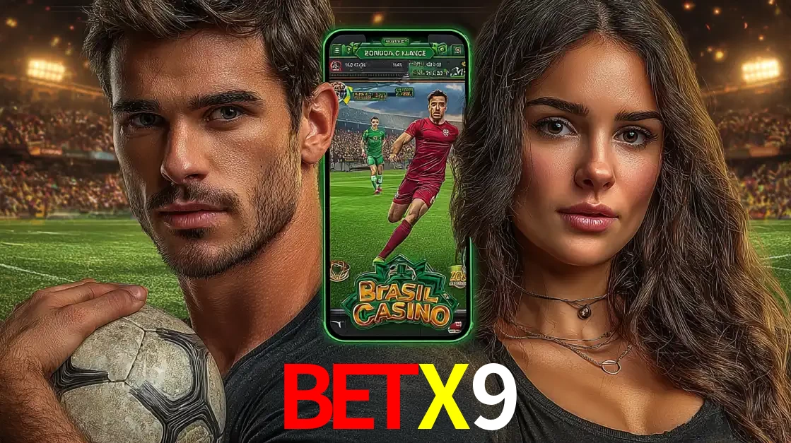 Homem segurando uma bola de futebol e uma mulher ao lado de um smartphone exibindo o jogo de apostas esportivas da BETX9. Faça seu palpite no cassino online.